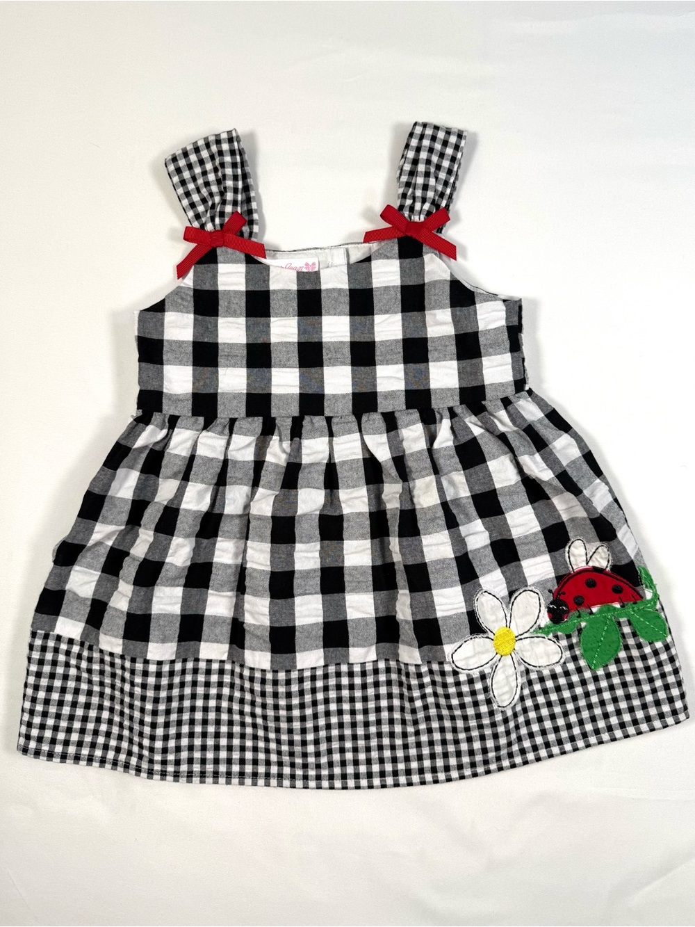BONNIE JEAN Girls Ladybug Gingham Dress 3T Cottagecore Picnic Daisy Applique